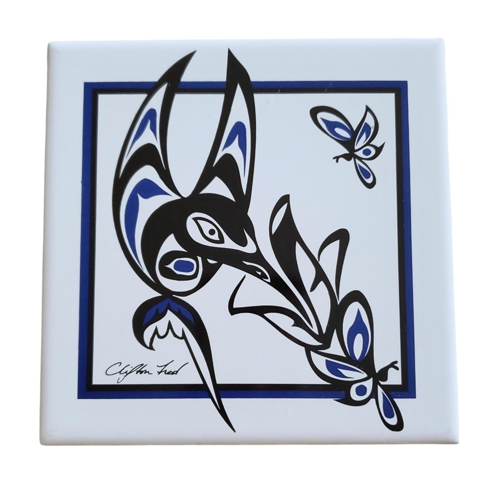 Clifton Fred Tlingit Northwest Coast Indigenous Tile Trivet Hummingbird RARE Vtg